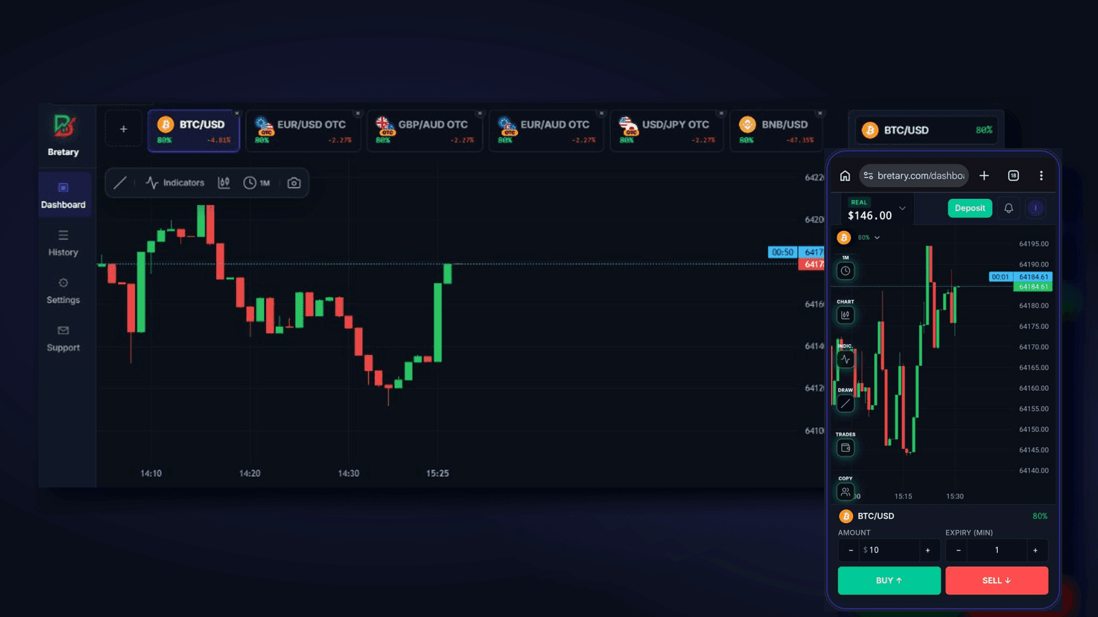 Bretary trading platform on desktop and mobile — live charts, trade panel, and professional trading tools